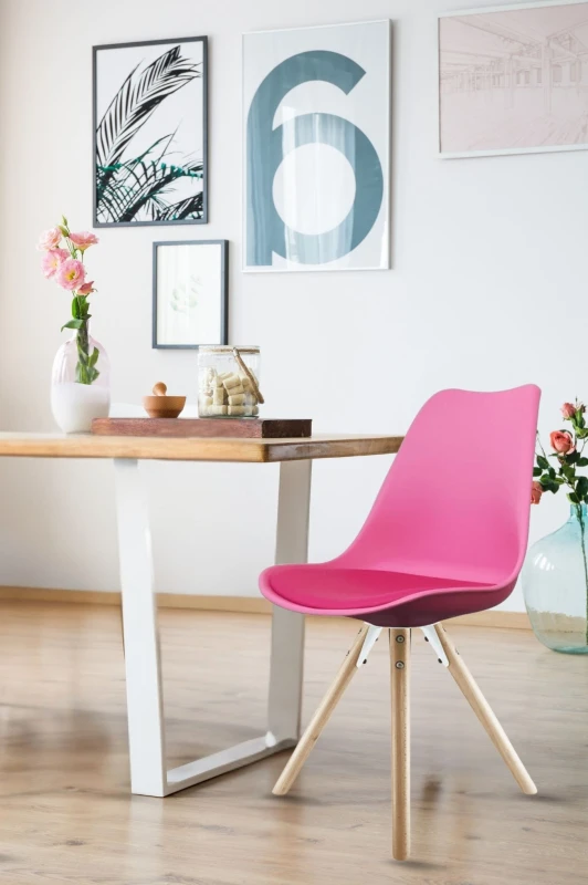 Image of Fusion Living Soho Plastic Dining Chair with Pyramid Light Wood Legs Bright Pink