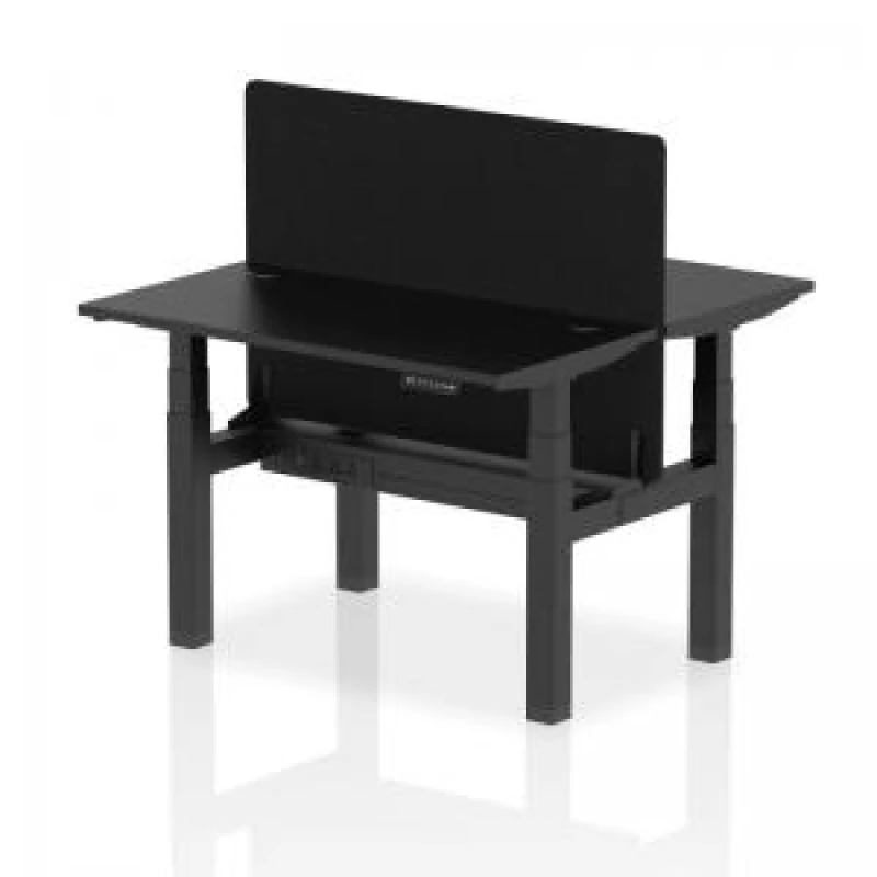 Image of Air Back - to - Back 1200 x 600mm Height Adjustable 2 Person Bench Office Desk Black Top - Cable Ports Black Frame - Black Straight Screen