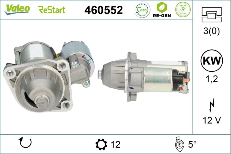 Image of VALEO 460552 Starter motor VALEO RE-GEN REMANUFACTURED STOP&START 1,2kW, 12V, Number of Teeth: 12 Starter (2)