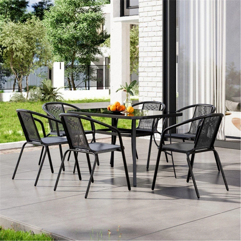 Image of Breeins Rectangle Metallic Table with 6 Rattan Chairs - Black L
