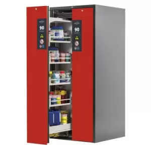 image of asecos Type 90 fire resistant vertical pull-out cabinet, 2 drawers, 8 tray shelves, grey/red