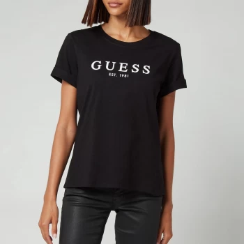 Image of Guess Womens 1981 Roll Cuff Logo T-Shirt - Jet Black - L