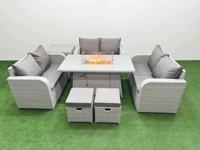 Image of Fimous 8 Seater PE Wicker Rattan Furniture Sofa Sets with Firepit Dining Table 2 Seater Love Sofa 2 Stool Side Table Light Grey Light Grey