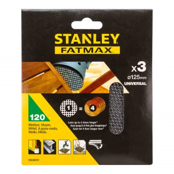 image of STANLEY FATMAX - 3x 120g Quick Fit Random Orbital Sanding Mesh Discs 125mm