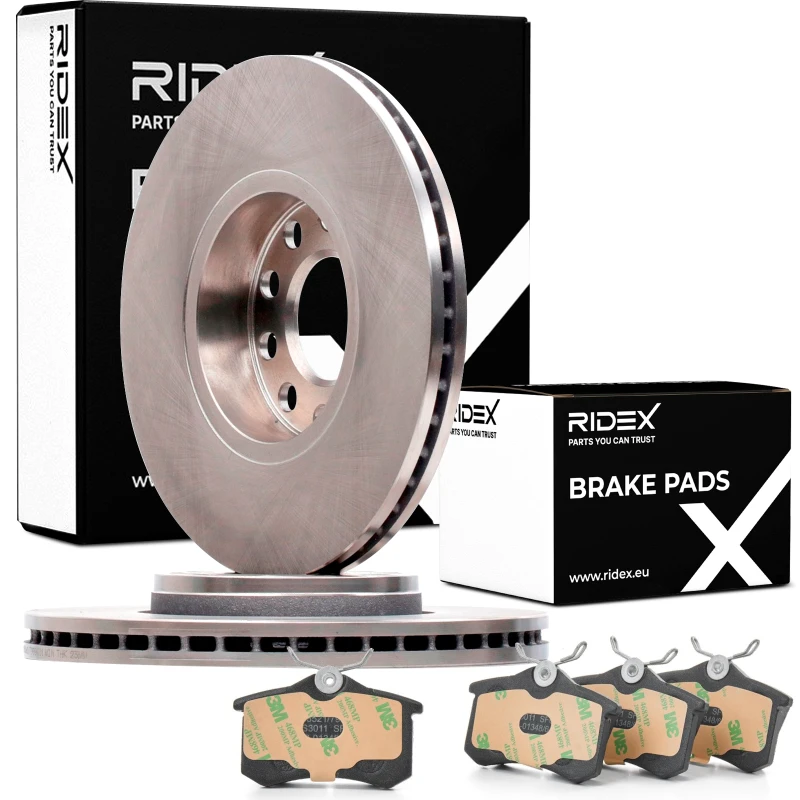 Image of RIDEX 3405B1049 Brake disc and pads set Front Axle, Brake Disc Type: Vented, not prepared for wear warning indicator Brake Set,disc brakes (3405)