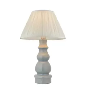 image of Provence & Chatsworth Base & Shade Table Lamp Blue Grey Glaze, Satin Nickel Plate & Ivory Silk Fabric