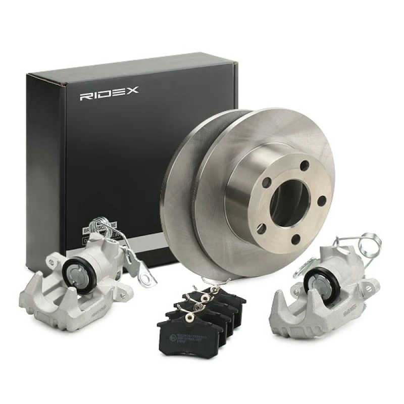 Image of RIDEX 3405B1690 Brake disc and pads set without holder, Rear Axle, Brake Disc Type: Solid, not prepared for wear warning indicator Brake Set,disc bra
