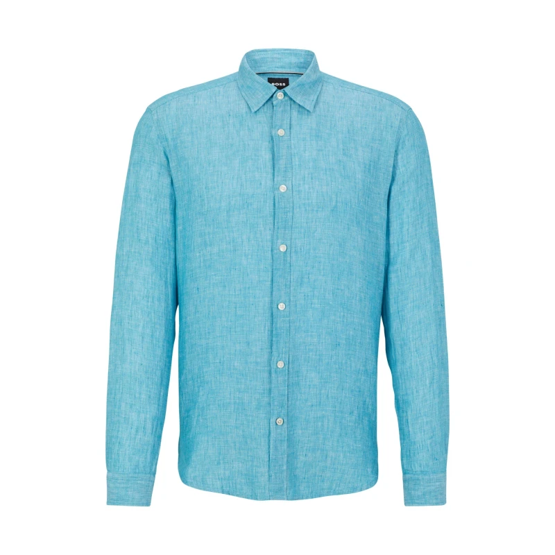 Image of Boss Mens Liam Long Sleeve Plain Shirt Open Blue male S