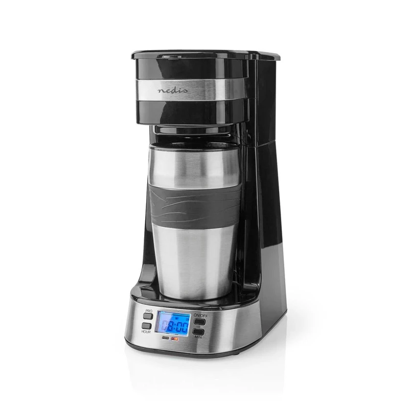 Image of Nedis Single Serve 1 Cup Coffee Maker Digital Machine and Double Wall Insulated Travel Mug, with Timer, Stainless Steel, 420ml Black A-CAB231129 Coff