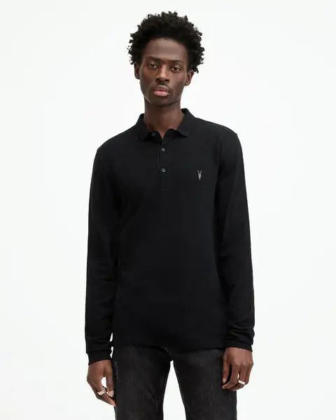 Image of AllSaints Mens Cotton Reform Long Sleeve Polo Shirt, Black, Size: XXL