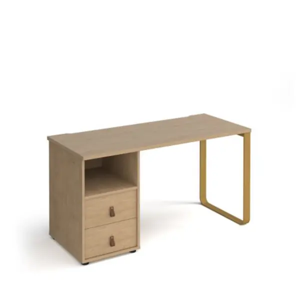 image of Cairo straight desk 1400mm x 600mm with sleigh frame leg and support pedestal with drawers - brass frame, oak finish with oak drawers