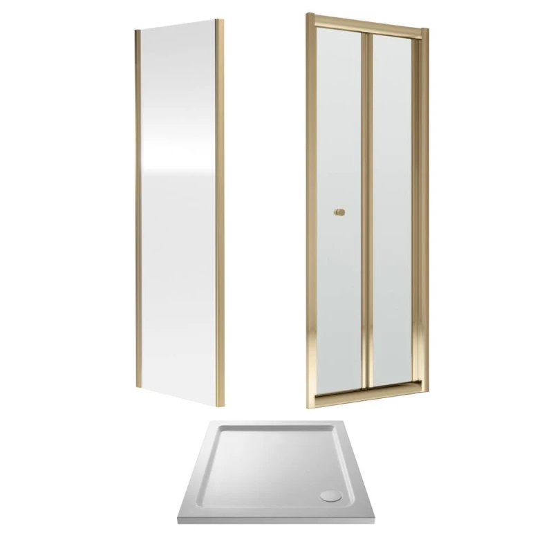 Image of Balterley Bi-Fold Shower Door, Side Panel and Shower Tray 800mm Brushed Brass White
