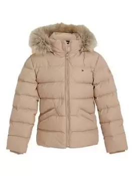 image of Tommy Hilfiger Girls Essential Down Faux Fur Hood Jacket - Merino, Beige, Size 12 Years, Women