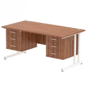 Image of Impulse 1600 Rectangle White Cant Leg Desk WALNUT 2 x 3 Drawer Fixed Ped