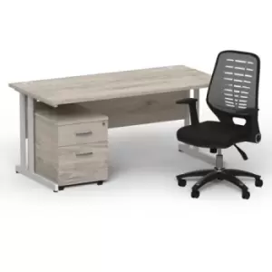 Image of Impulse 1600 x 800 Silver Cant Office Desk Grey Oak + 2 Dr Mobile Ped & Relay Silver Back