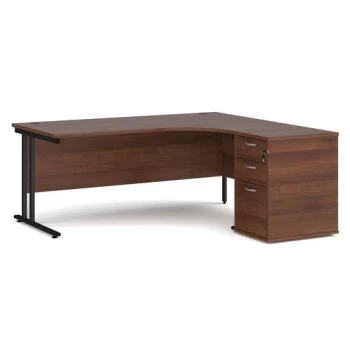 Image of Office Desk Right Hand Corner Desk 1800mm With Pedestal Walnut Top With Black Frame Maestro 25