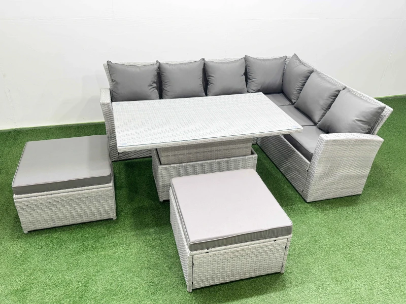 Image of Fimous 8 Seat Rattan Garden Furniture Corner Sofa Set with Armchair 2 Stools in Light Grey Light Grey Unisex