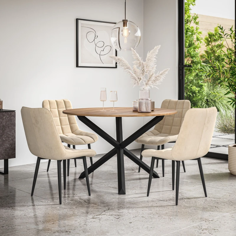 Image of More4Homes Malvern Round Dining Table And Chairs - Oak Table Top W Solid Black Oak Legs + Nova Velvet Dining Chair Set Of 4 (Beige)