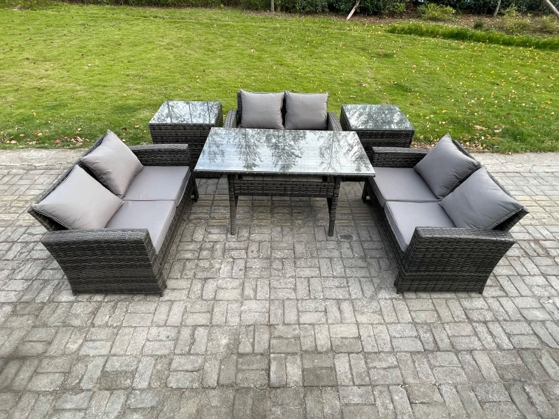 Image of Fimous 6 Seater Wicker PE Rattan Garden Furniture Sets Outdoor Lounge Sofa Set with Oblong Dining Table Double Seat Sofa in Dark Grey Dark Grey Unisex