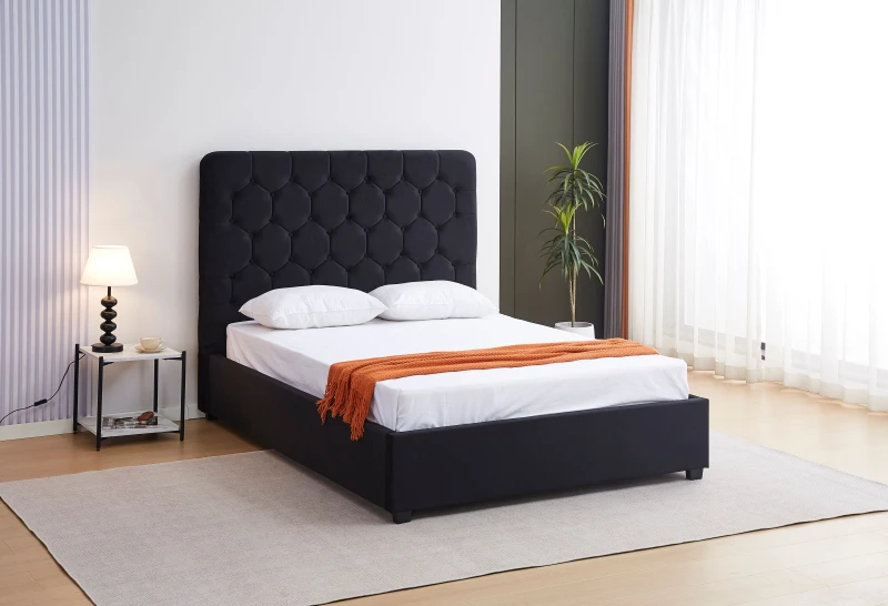 Image of Seconique Madison 4'6" Bed - Black Velvet Fabric, Black 200-203-126