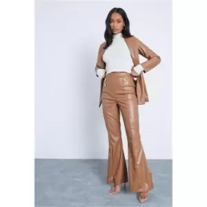 image of I Saw It First Chocolate Faux Leather Military Button Flared Trousers - Brown