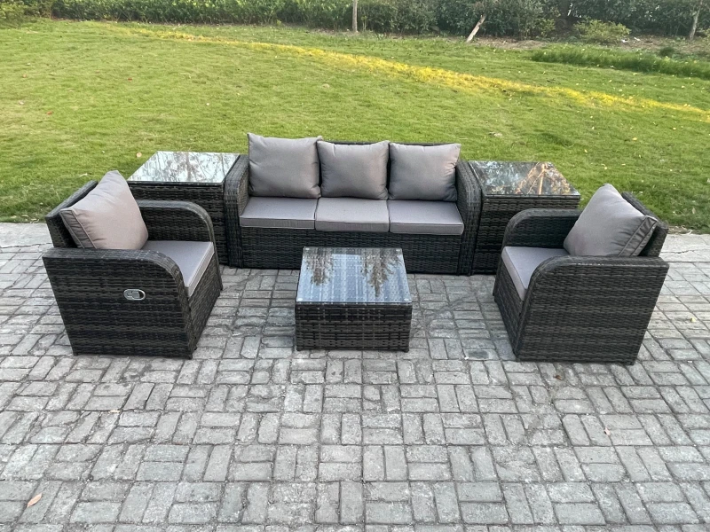 Image of Fimous Garden Furniture Sets 5 Seater Wicker Rattan Furniture Patio Sofa Sets with Reclining Chair 3 Seater Sofa 2 Side Tables Dark Grey