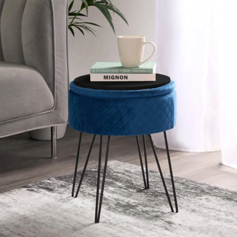 Image of OHS OHS Matte Velvet Stool Quilted Hairpin Round Seat Cushioned Foot Rest in Navy Navy One Size Unisex 5027434178124