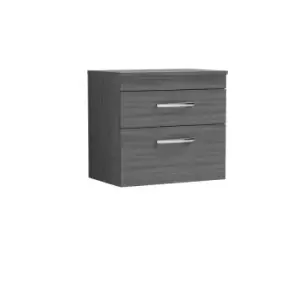 Nuie Athena 600 Wall Hung 2-drawer Vanity & Worktop - Grey Woodgrain