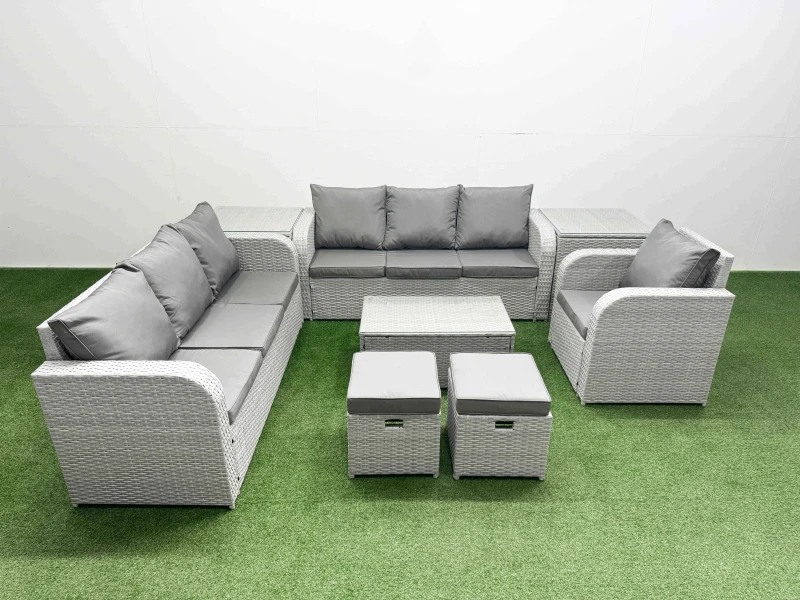 Image of Fimous 9 Seater Poly Rattan Outdoor Garden Furniture Sofa Set Patio 3 Seater Sofa Reclining Chair 3 Seater Sofa Stools 2 Side Table Light Grey Light G