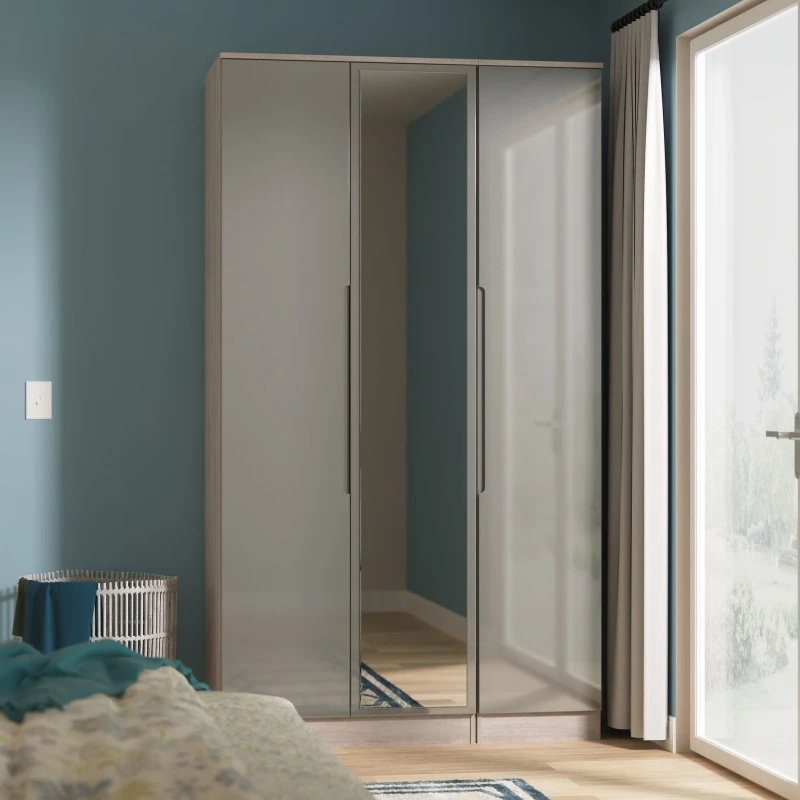 Image of Cannes Ready Assembled Tall Triple Mirror Wardrobe in Grey Gloss & Grey Oak - Welcome Furniture TJ Hughes 5056812213157
