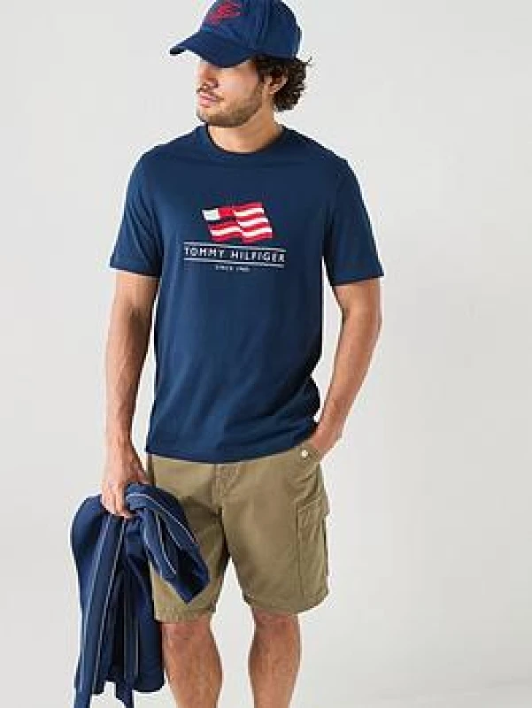 Image of Tommy Hilfiger Americana Flag Short Sleeve T-Shirt Navy Blue Cotton S