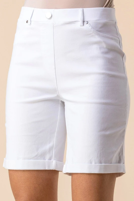 Image of Roman Womens Elastic Waist Turn Up Stretch Shorts in White Size: 20 White Female 20