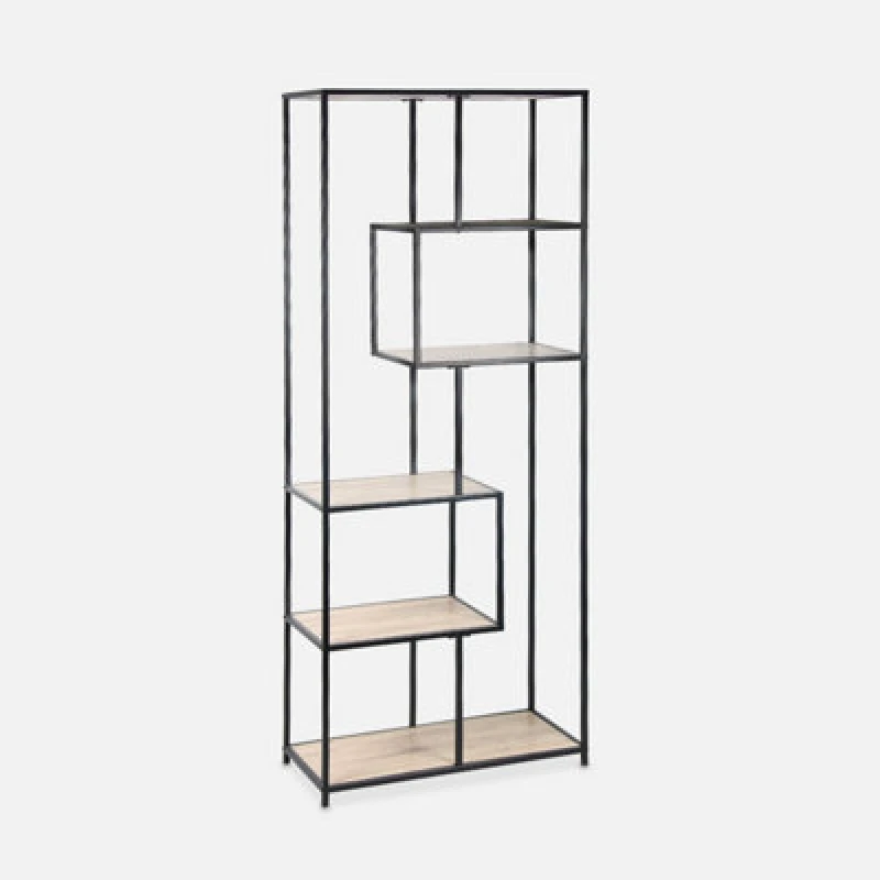 Image of Sweeek. 6-Level Industrial Bookshelf In Metal And Wooden Effect Loft Black 77X33X185 Cm