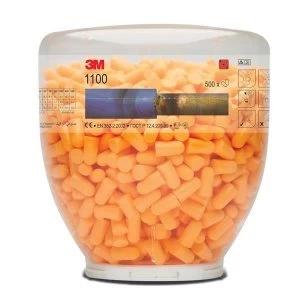 image of 3M 1100B Uncorded Hypoallergenic Foam Ear Plugs Dispensing Bottle containing 500 Ear Plugs