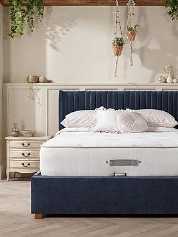 Image of CATHERINE LANSFIELD Soho Upholstered Wing Headboard Ottoman Storage Bed with vertical Lines Navy Tissu SMALL DOUBLE (120 x 190cm)