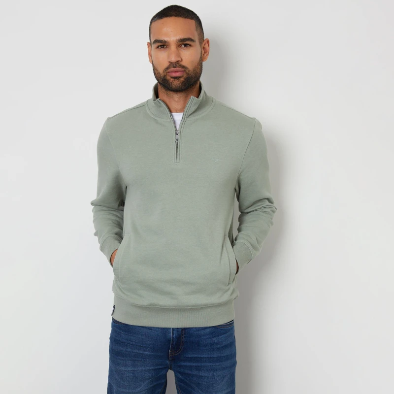 Image of Threadbare Mens Oatmeal Marl Quarter Zip Sweatshirt Pale Green