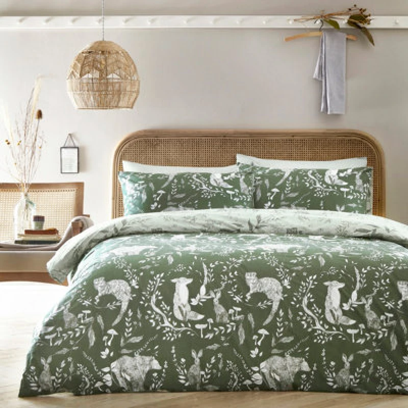 Image of Furn. Buckthorn Woodland Reversible Duvet Cover Set, King, Green