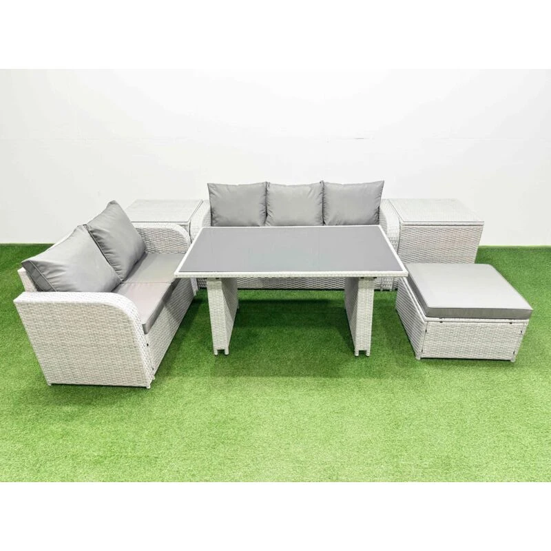 Image of FIMOUS Garden Furniture Set pe Ratten Garden Sofa Set with Rectangular Dining Table Big Stool 2 Side Tables Light Grey - Fimous B400090912203839