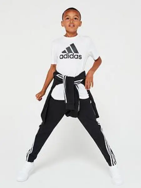 Image of Boys, adidas Sportswear Junior Essentials Short Sleeve T-Shirt - White/Black, Size 7-8 Years White/Black RXEMG Unisex 7-8 YEARS