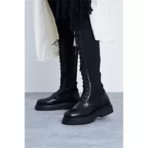 I Saw It First Black Knitted Knee High Lace Up Boot - Black