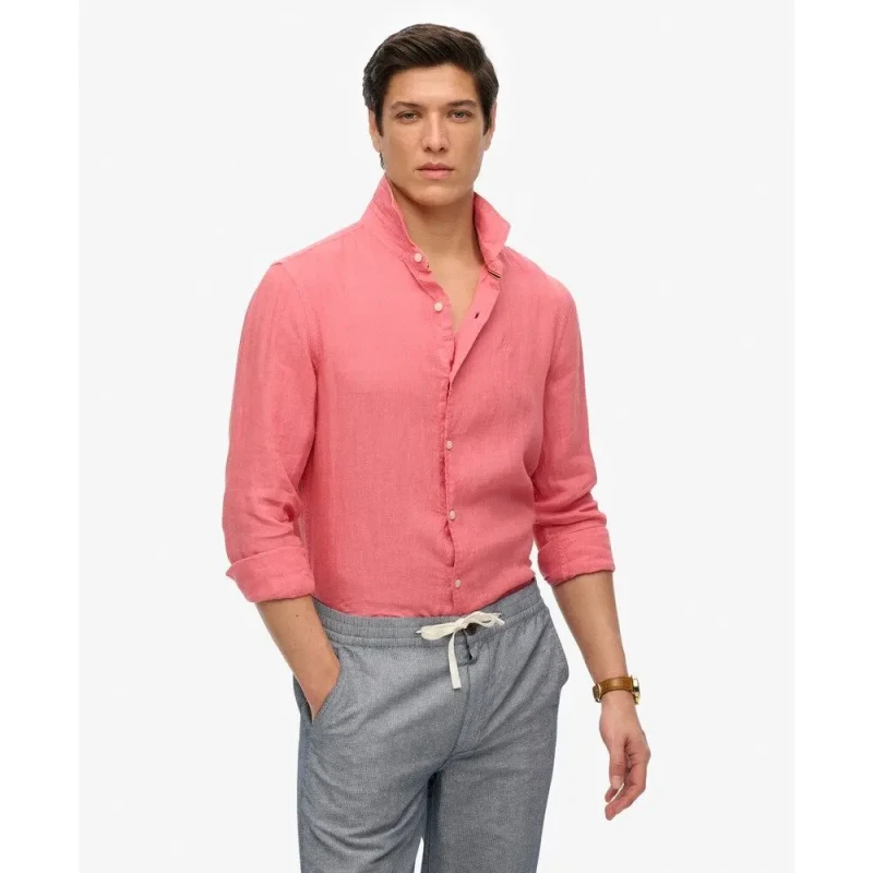 Image of Superdry Embroidered Vacation Linen Long Sleeve Shirt - Pink Pink WK3ZE Male L