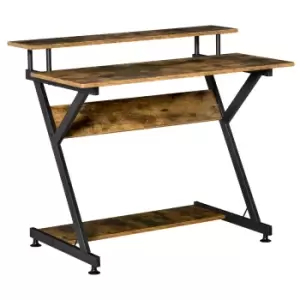 image of Homcom Industrial Style Computer Desk With Elevated Shelf 100Cm Rustic Wood Finish