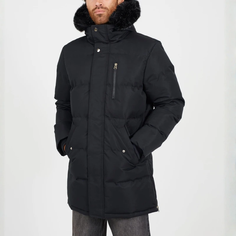 Image of Brave Soul BS Mens Hooded Parka with Faux Fur Trimmed Hood Black male Small