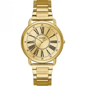 GUESS Ladies gold watch with gold roman numeral dial.