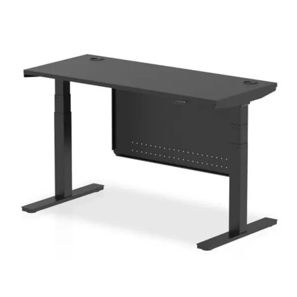 Image of Air Black Series 1400 x 600mm Height Adjustable Desk Black Top with Cable Ports Black Leg With Black Steel Modesty Panel