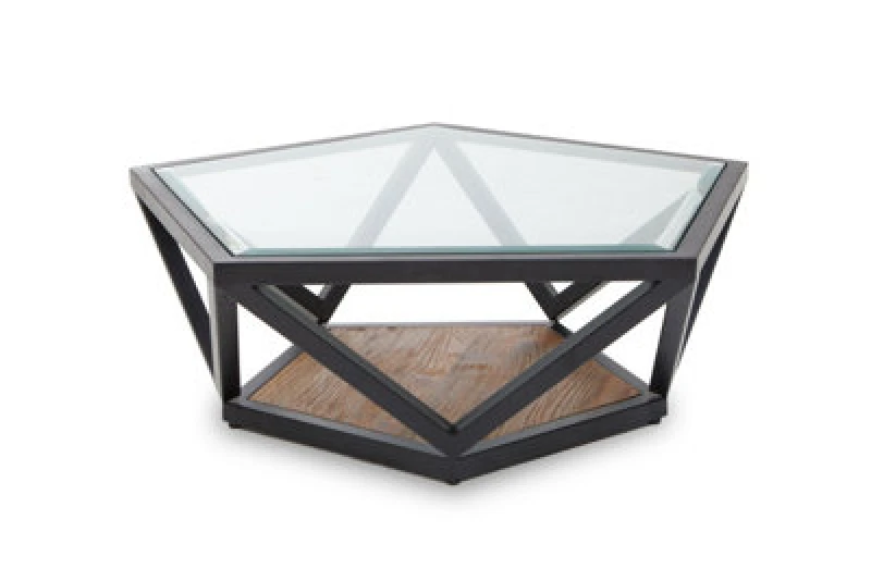 Image of Orsina Pentagon Coffee Table, Unique Pentagon Tempered Glass Top With Bronze-Finish Metal Scalloped Frame