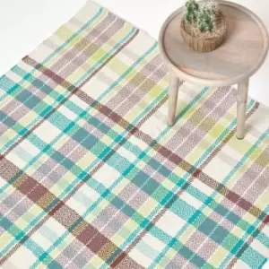Image of Wilson Handwoven Blue, Yellow and Brown Tartan 100% Cotton Rug, 70 x 120cm - Multi Colour - Homescapes
