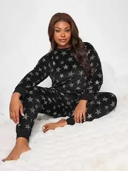 image of Yours Yours Texture Star Velour Lounge Set, Black, Size 14-16, Women