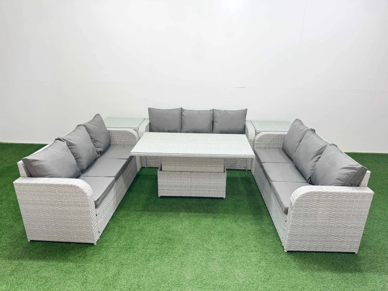 Image of Fimous PE Rattan Lounge Sofa Set 9 Seater Outdoor Garden Furniture Set with Adjustable Lifting Dining or Coffee Table 3 Seater Sofa 2 Side Table Light