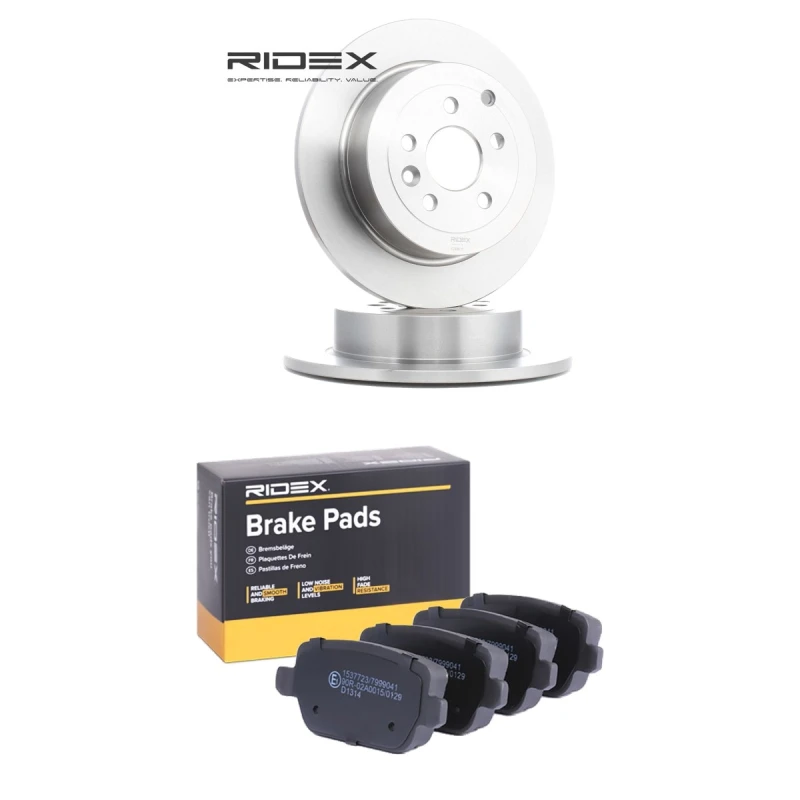 Image of RIDEX 3405B2485 Brake disc and pads set Rear Axle, Brake Disc Type: Solid, not prepared for wear warning indicator Brake Set,disc brakes (3405)